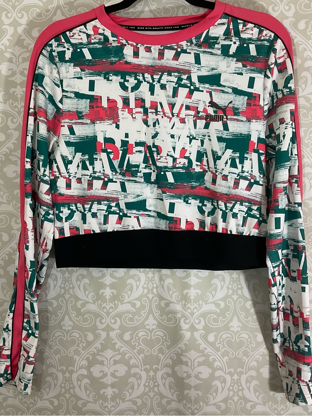 Puma Pink Green White Graphic Cropped Stretch Activewear Top XL Sporty